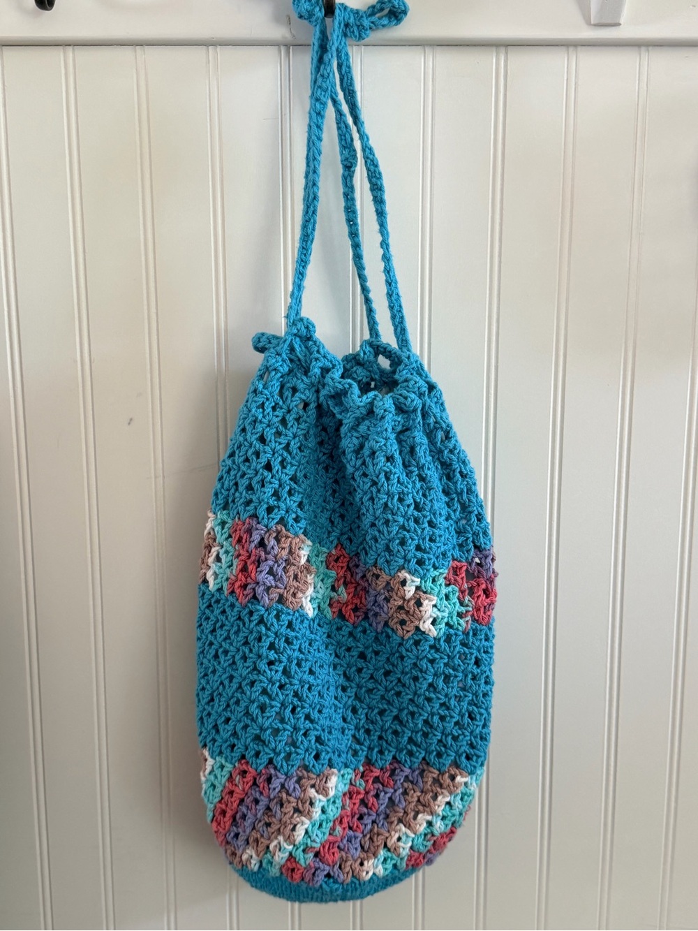 NWOT Handmade Ocean Waves Crochet Drawstring Cinch Sac Bag Lined Turquoise